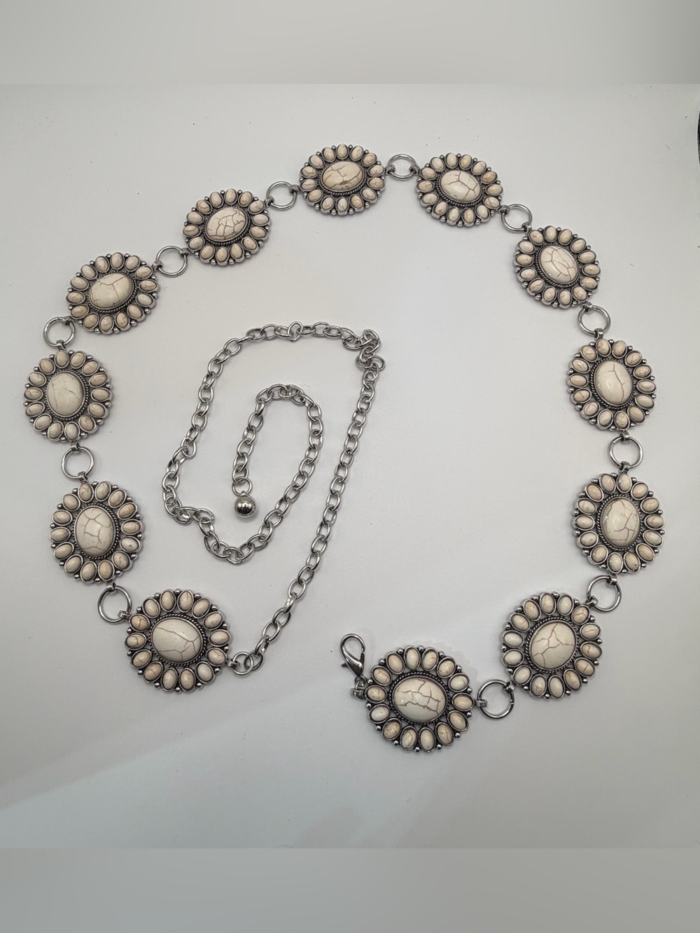 Southwestern Style Concho Belt Cream Howlite Look Cabochon Silver Tone Long 29"